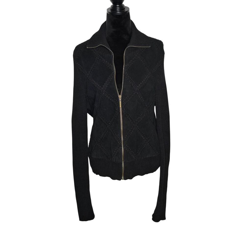 White Stag Womens M Black Leather Front Zip Sweater Jacket Ramie Cotton Argyle